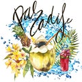 Word- Paradise. Composition with watercolor hand drawn tropical fruits, flowers, water and leaves. Background for food Royalty Free Stock Photo