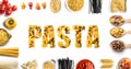 Word pasta made of different types of raw pasta