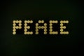 Word Peace made of 9 mm ammo on black wooden desk, golden bullets