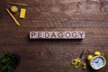 Word pedagogy on wooden cubes, blocks on the subject of education, development and training on a wooden background. Top view. Royalty Free Stock Photo