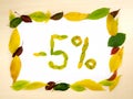 Word 5 percent made of autumn leaves inside of frame of autumn leaves on wood background. Five percent sale. Autumn sale template.