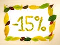 Word 15 percent made of autumn leaves inside of frame of autumn leaves on wood background. Fifteen percent sale. Sale template.