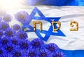 Word Pesach in Hebrew made of Matzoh traditional Jewish bread for Passover holiday against Israel National flag.