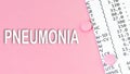 Word Pneumonia on pink background, medical concept, top view
