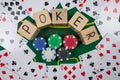 Word pokerr on wooden dice. Poker cards and chips on a green poker table. View from above Royalty Free Stock Photo