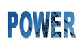 The word power with an image of an electricity pylon inside the text