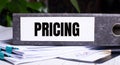 The word PRICING is written on a gray file folder next to documents. Business concept