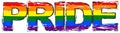 Word PRIDE with rainbow flag symbol of LBGT under it, distressed grunge look