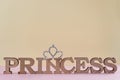 Word Princess abstract wooden letters. Pink background with sparkling crown. Royalty Free Stock Photo