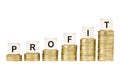 Word PROFIT on Row of Gold Coin Stacks Isolated White Royalty Free Stock Photo