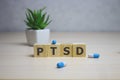 The word PTSD written in wooden cubes on white background