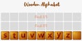 Word puzzling board game design elements set 3/3. Wooden tiles alphabet 3d realistic letters. Vector illustration
