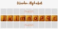 Word puzzling board game design elements set 2/3. Wooden tiles alphabet 3d realistic letters. Vector illustration Royalty Free Stock Photo