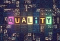 The word Quality as neon glowing unique typeset symbols, luminous letters quality