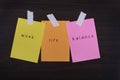 Word quotes of work life balance on colorful sticky papers against wooden textured background