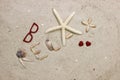 The word RELAX on sandy beach with red hearts Royalty Free Stock Photo