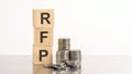 rfp - text on wooden cubes on white background with coins