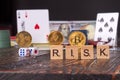 Word risk with poker accessories and bitcoin. Royalty Free Stock Photo