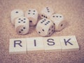 Word RISK in wooden block and dices Royalty Free Stock Photo