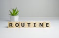 Word routine is made up of square wooden letters on a gray background Royalty Free Stock Photo