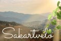 Word Sakartvelo as native name of Georgia against beautiful mountain landscape Royalty Free Stock Photo