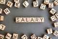 the word salary wooden cubes with burnt letters