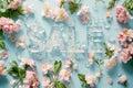 The word SALE made of ice with spring flowers around. Frozen ice cubes forming sign Sale, discount symbol. Spring sale card for Royalty Free Stock Photo