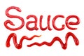 The word Sauce written with ketchup on white background Royalty Free Stock Photo