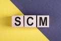 Word SCM - Supply Chain Management, on wooden cubes on yellow - gray background Royalty Free Stock Photo