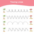 Tracing Lines Game Summer Edition. Worksheet activity for preschool kids. Preschool Education. Vector illustration