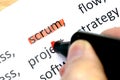 Word scrum underlnines among other words printed on white paper. projects methodology and development team workflow concept Royalty Free Stock Photo