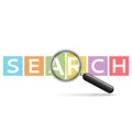 Word search emblem on multi-colored cubes with realistic magnifier seo technology conceptual vector illustration
