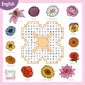 Word search puzzle. Cartoon set of flowers. Education game for children. Vector colour worksheet for learning English