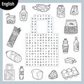 Word search puzzle. Cartoon set of food, groceries. Education game for children