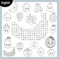 Word search puzzle. Cartoon set of fruits and berries. Education game for children Royalty Free Stock Photo