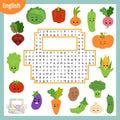 Word search puzzle. Cartoon set of vegetables. Education game for children. Vector colour worksheet for learning English