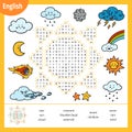 Word search puzzle. Cartoon weather items. Education game for children. Vector colour worksheet for learning English