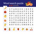 Word search puzzle. Fruits collection. Orange, pomegranate, apricot, banana, pineapple, cherry, apple, tangerine Royalty Free Stock Photo