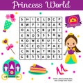 Word search puzzle kids activity. Educational children game for girls. Learning vocabulary. Princess world Royalty Free Stock Photo