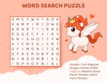 Word search puzzle with magical creatures and animals.