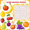 Word search puzzle. Vector education game for children. Fruits Royalty Free Stock Photo