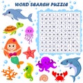 Word search puzzle. Vector education game for children. Sea animals Royalty Free Stock Photo