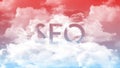 Word SEO in the clouds, red sky colors