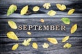 Word September, wooden letters. Frame of yellow leaves, wooden background
