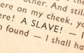 A word `Slave` in an old yellowed book, detail, extreme closeup, macro
