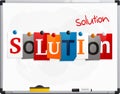 The word Solution made from newspaper letters attached to a whiteboard or noticeboard with magnets. Marker pen. Vector. Royalty Free Stock Photo