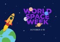 Word space week background with rocket and earth planets