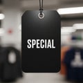 The word SPECIAL in bold white letters hangs by a black string Royalty Free Stock Photo