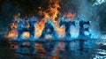 A word spelled out in flames on a body of water, AI