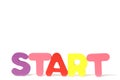 Word start is laid out in multicolored letters on a white background.